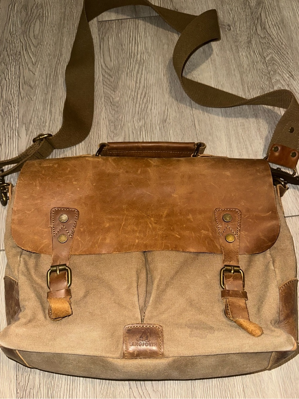 Longforth Tan Canvas Brown Leather Messenger Laptop Briefcase Bag